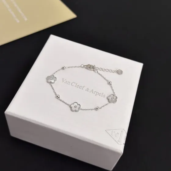 Van Cleef Arpels Alhambra bracelet silver-toned metal white mother-of-pearl clear diamond accents 17cm