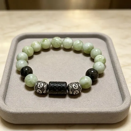 Gucci Anger Forest Beaded Bracelet bracelet Antique silver light green jade black obsidian 18cm