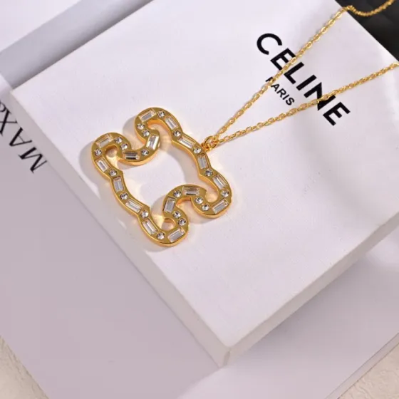Celine Triomphe Precious Crystal Pendant Necklace AW2024 necklace gold-tone metal with clear crystal accents 45cm