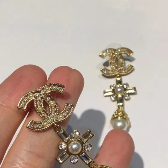 Chanel CC Cross Pearl Drop Earrings earrings Gold-tone metal clear crystals white faux pearls 5 5cm drop length