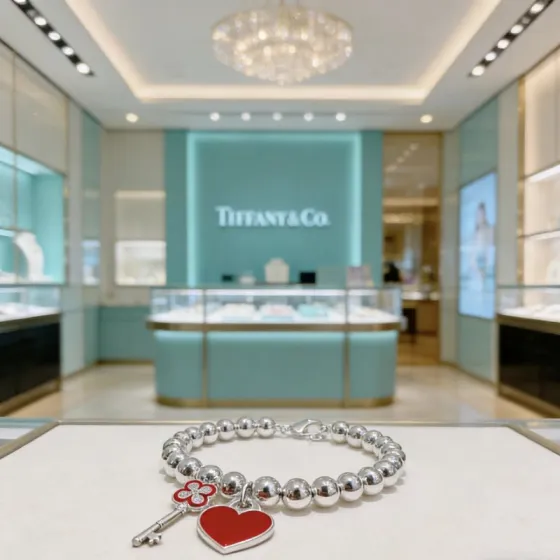Tiffany Co Return to Tiffany Heart Tag with Key Bead Bracelet bracelet silver metal with red enamel and clear diamond accents 18cm