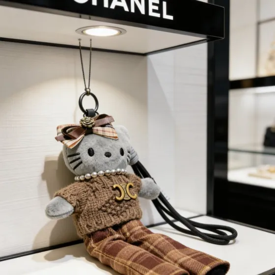 Celine Hello Kitty Collaboration Plush Bag Charm pendant Antique gold metal gray plush brown knit brown plaid fabric white faux pearl black cord brown plaid ribbon 18cm total length 60cm lanyard