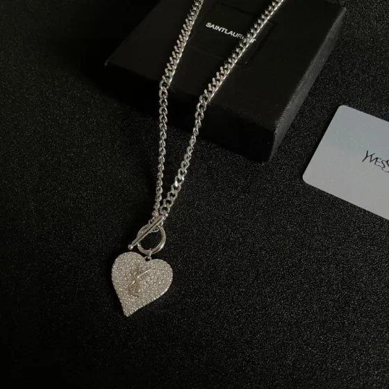 Saint Laurent YSL Logo Pave Heart Toggle Necklace necklace silver-toned metal with clear pave crystal stones 18 inches