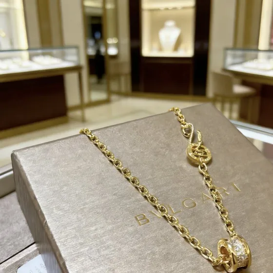 Bvlgari B zero1 necklace yellow gold with clear pave diamonds 60cm