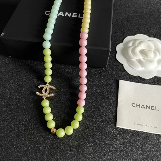 Chanel CC Logo Pastel Beaded Necklace necklace Gold-tone metal with clear crystals pastel mint green light blue pale yellow and pink beads 42cm