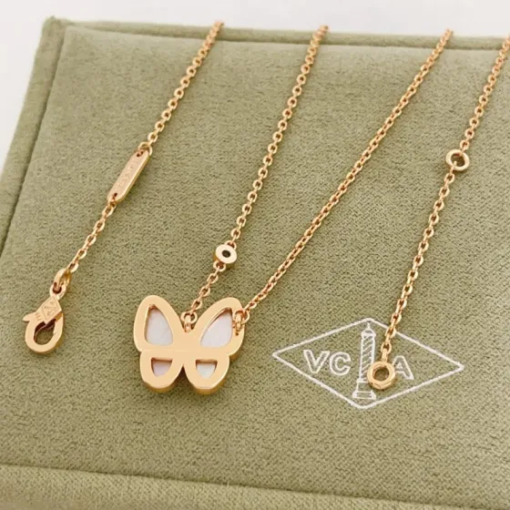 Van Cleef Arpels Two Butterfly necklace 18K rose gold white mother-of-pearl diamond 42cm