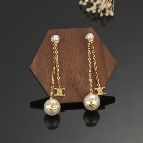 Celine Triomphe Pearl Chain Drop Earrings earrings gold-tone metal with white pearls 5cm drop length