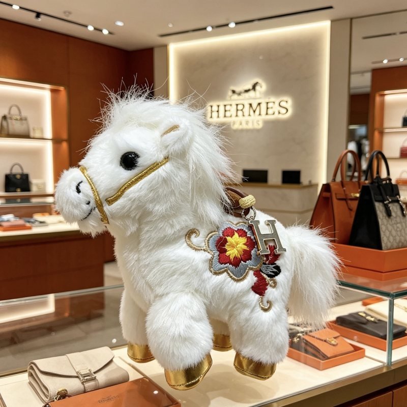 Hermes H Logo Plush Horse Charm pendant White plush with gold metallic accents silver-tone H charm multicolor embroidered floral detailing brown leather strap 12cm