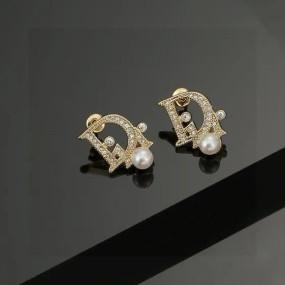 Dior CD Logo Pearl Crystal Stud Earrings earrings gold-tone metal clear crystal white pearl 1 5cm x 1 2cm