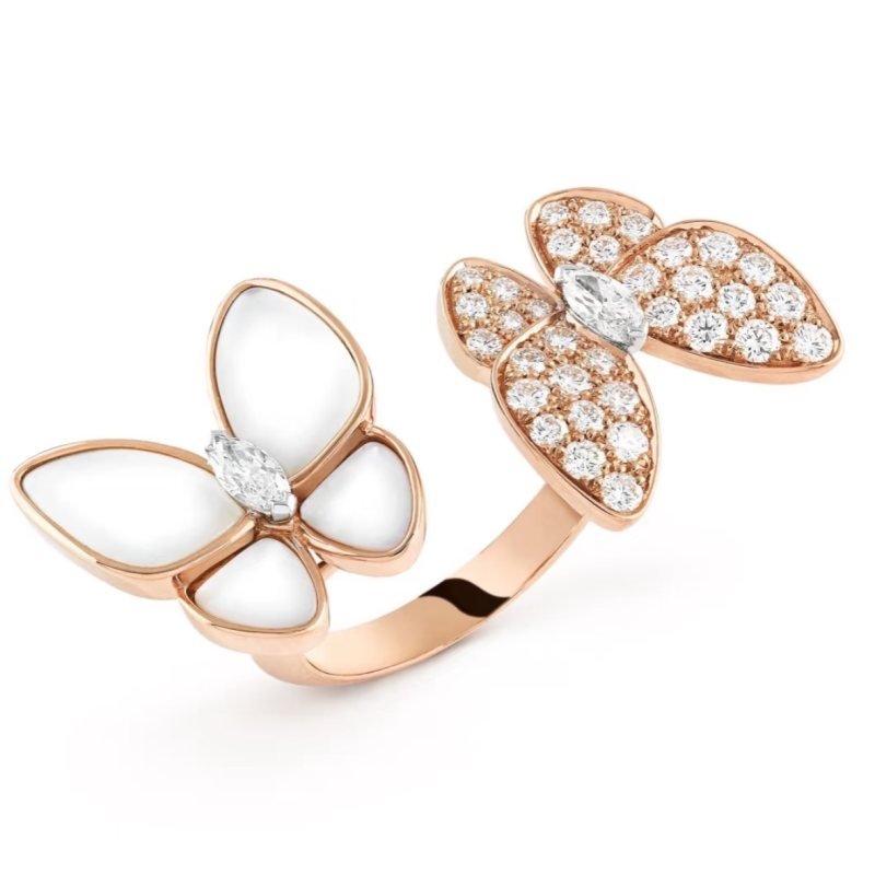 Van Cleef Arpels Two Butterfly ring Rose gold white mother-of-pearl white diamonds 52