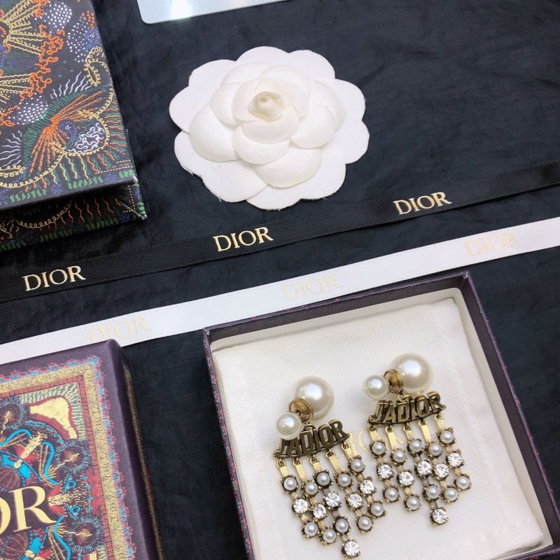 Dior J Adior earrings antique gold-tone metal white pearl clear crystal 5 5cm drop length