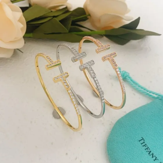Tiffany T Wire bracelet 18k gold 18k rose gold sterling silver with clear diamond accents 17cm inner circumference