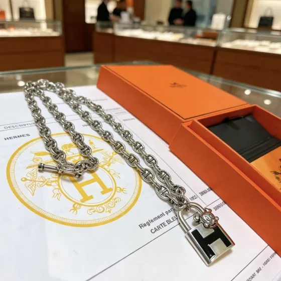 Hermes Cadenas H Lock Mickey Pendant Chaine d Ancre necklace silver-toned metal with black enamel 50cm