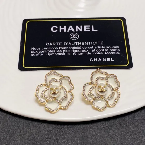 Chanel Camellia CC Stud Earrings earrings gold-tone metal white enamel clear crystals faux pearl 2 5cm diameter