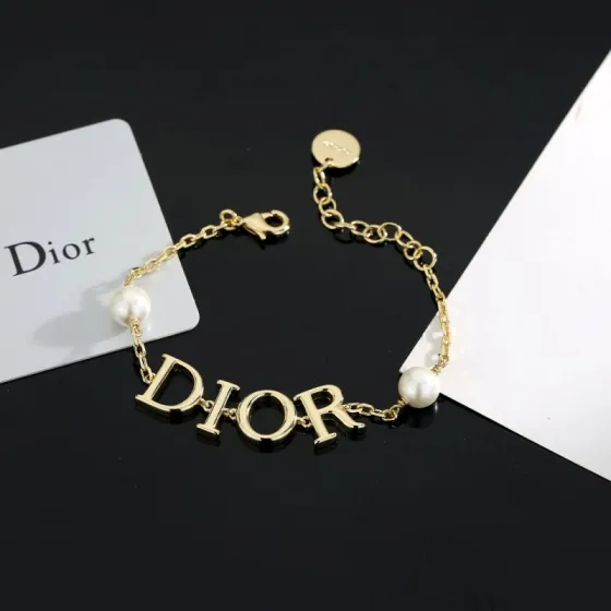 Dior D I O R Logo Pearl Bracelet bracelet gold-tone metal with white resin pearls 18cm with 3cm extender chain