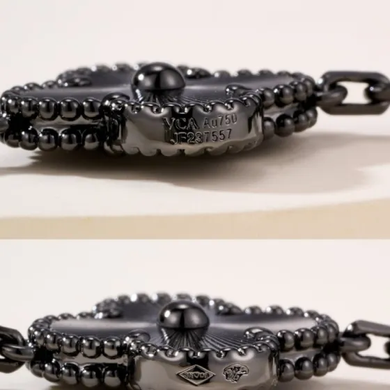 Van Cleef Arpels Vintage Alhambra bracelet Black rhodium plated 18k gold with guilloche black metal clover motifs 19cm