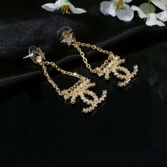Chanel CC Star Chain Drop Earrings earrings gold-tone metal with clear crystal accents 4 5cm drop length