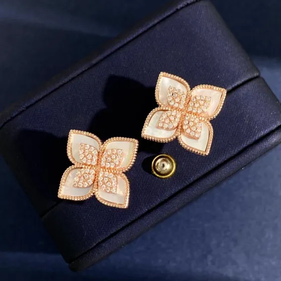 Roberto Coin Princess Flower earrings Rose gold with diamond pave available in mother-of-pearl lapis lazuli and turquoise inlay options 15mm stud diameter
