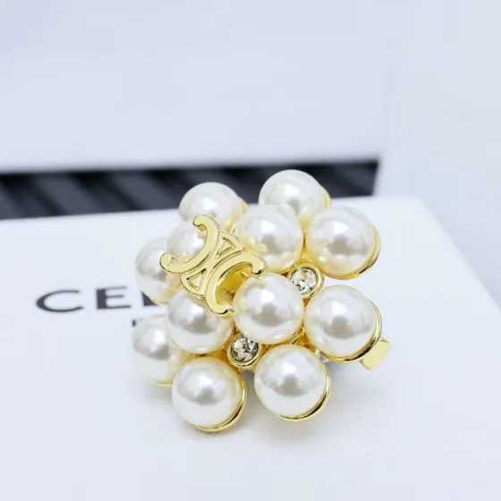 Celine Arc de Triomphe Pearl Flower brooch gold-tone metal cream white faux pearl clear crystal 3cm diameter