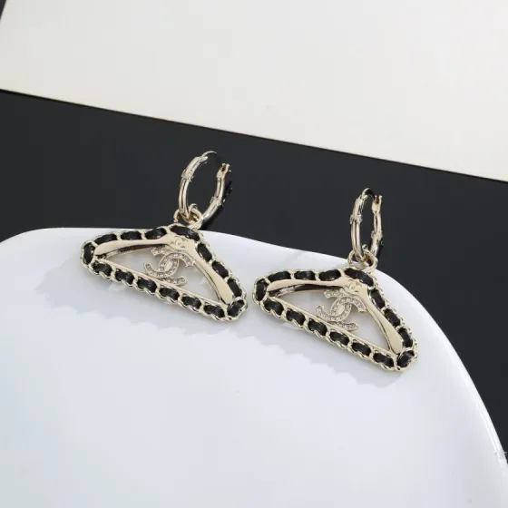 Chanel CC Hanger Charm Hoop Earrings earrings light gold-tone metal black leather chain inlay clear crystal pave CC logo 1 5cm hoop diameter 3 5cm total drop length