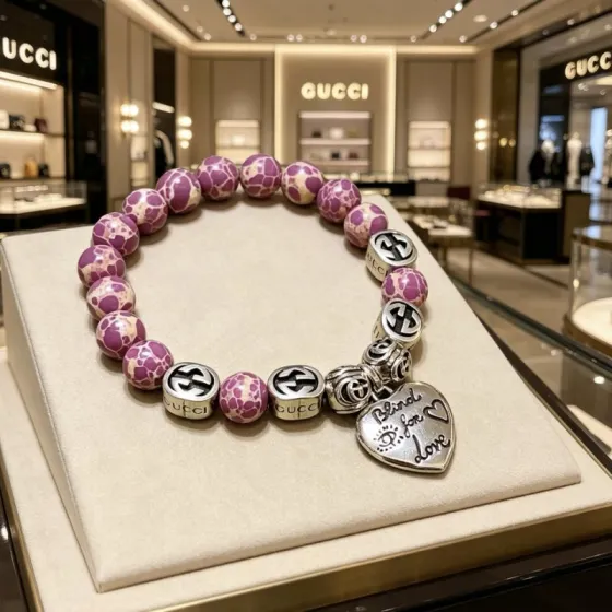 Gucci Anger Forest Blind for Love Beaded Bracelet bracelet Antique silver-toned metal with purple and cream patterned stone beads 18cm