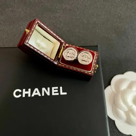 Chanel CC Logo Round Button Stud Earrings earrings silver-tone metal with clear crystal accents 1 2cm diameter