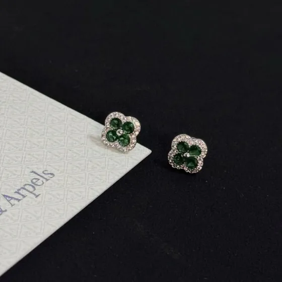 Van Cleef Arpels Alhambra earrings white gold metal with green gemstones and white diamond accents 8mm stud diameter