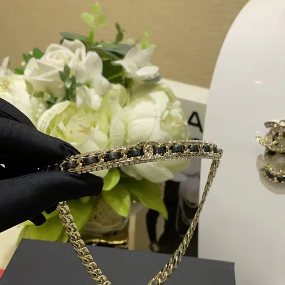 Chanel CC Chain Choker necklace gold-tone metal black leather clear crystal 38cm