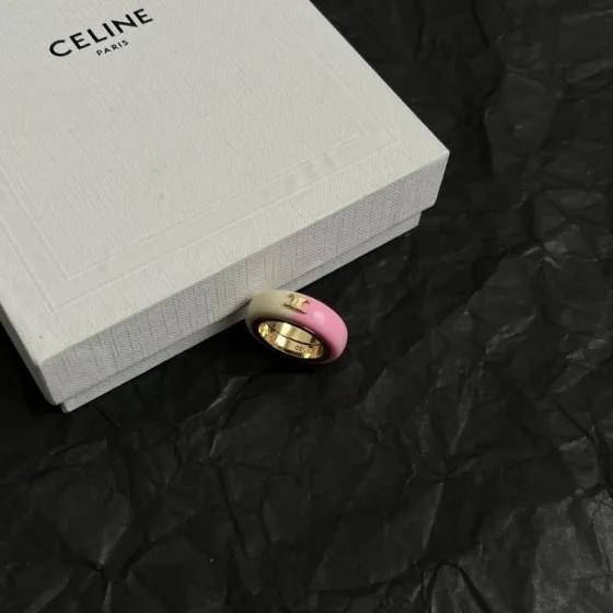 Celine Triomphe Resin Ring ring Gold-tone metal with ivory and pink resin EU 52