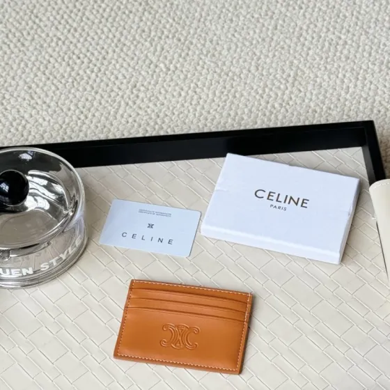 Celine Triomphe card holder tan smooth leather with embossed tan Triomphe logo white contrast stitching 10 5cm x 7