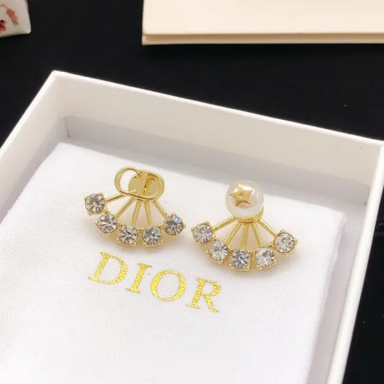 Dior Petit CD Crystal Pearl Fan Earrings earrings Gold-tone metal clear faceted crystals white pearl gold star accent One Size post style 2cm width per earring