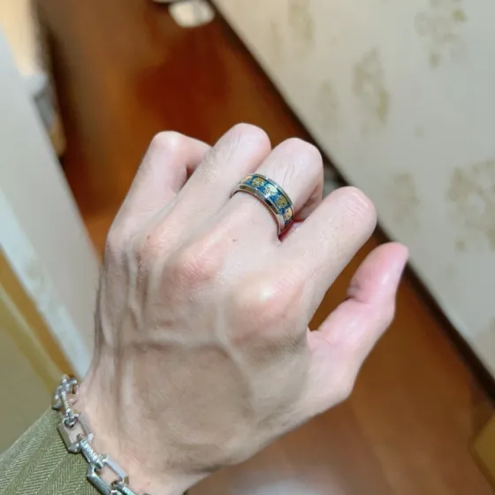 Bvlgari Bvlgari V ring silver-toned metal gold accents blue enamel 10