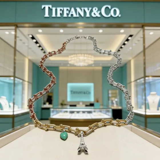 Tiffany Co HardWear necklace Tri-tone rose gold yellow gold silver metal with turquoise heart charm and silver Eiffel Tower charm 45cm