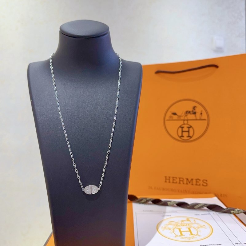 Hermes H Series necklace silver metal with clear pave diamonds 40cm