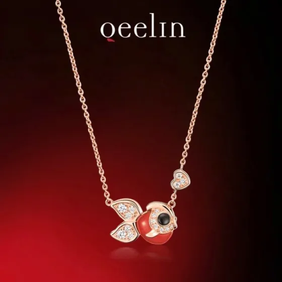 Qeelin Kirin Small Goldfish necklace Rose gold with red carnelian clear diamonds black onyx 42cm