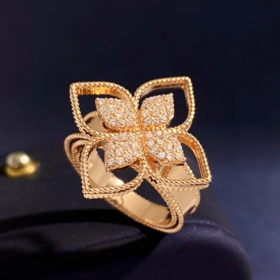 Roberto Coin Love in Verona Flower ring 18K rose gold with pave set white diamonds US 7