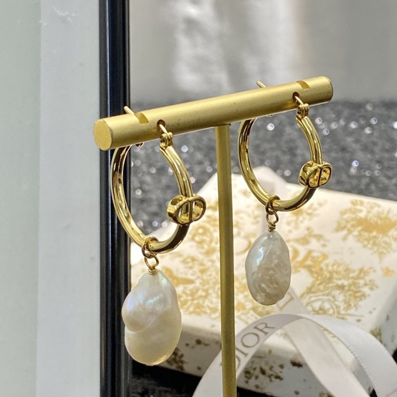 Dior CD Logo Baroque Pearl Drop Hoop Earrings earrings gold-tone metal with white iridescent baroque pearl drops 2cm hoop diameter 3 5cm total drop length