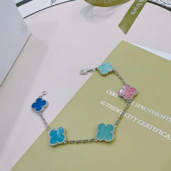 Van Cleef Arpels Alhambra bracelet silver-toned metal with multicolor clover inlays turquoise pink royal blue bright blue 18cm