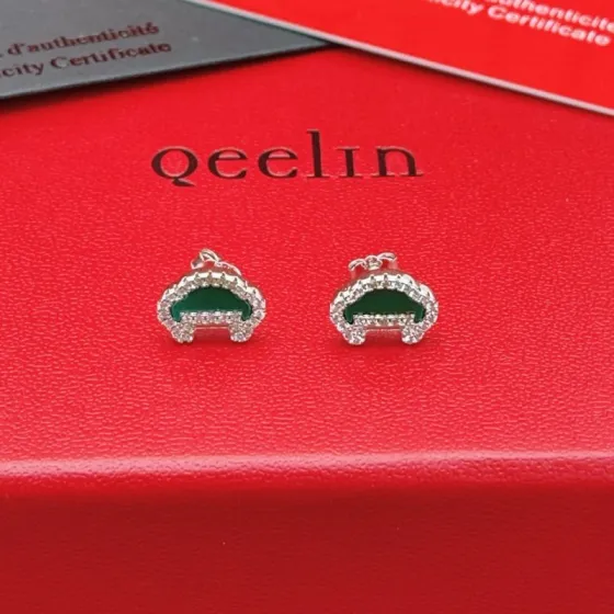 Qeelin ZP Series earrings 18K white gold green gemstone clear diamond accents 8mm stud diameter
