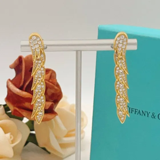 Tiffany Feather Drop Earrings earrings Yellow gold with clear diamond simulants 4cm length