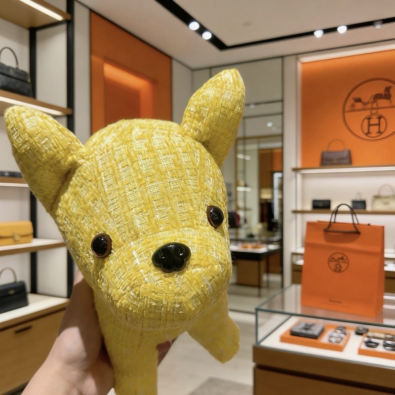 Hermes Buddy Dog Plush Charm pendant Yellow textured fabric with black resin accents 28cm