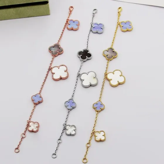 Van Cleef Arpels Magic Alhambra bracelet Silver-toned metal with white mother-of-pearl purple chalcedony and gray mother-of-pearl clover motifs 19cm