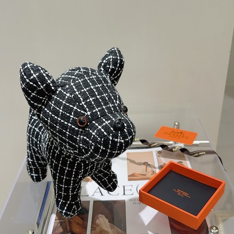 Hermes French Bulldog Plush brooch black fabric with white grid pattern brown eyes black nose 28cm