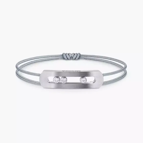 Messika Move Titanium Romain Grosjean Men s Collection bracelet brushed titanium gray metal clear white diamonds gray black navy blue cord options adjustable sliding knot