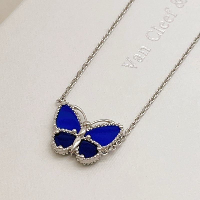 Van Cleef Arpels Lucky Alhambra Butterfly necklace white gold with blue agate 42cm
