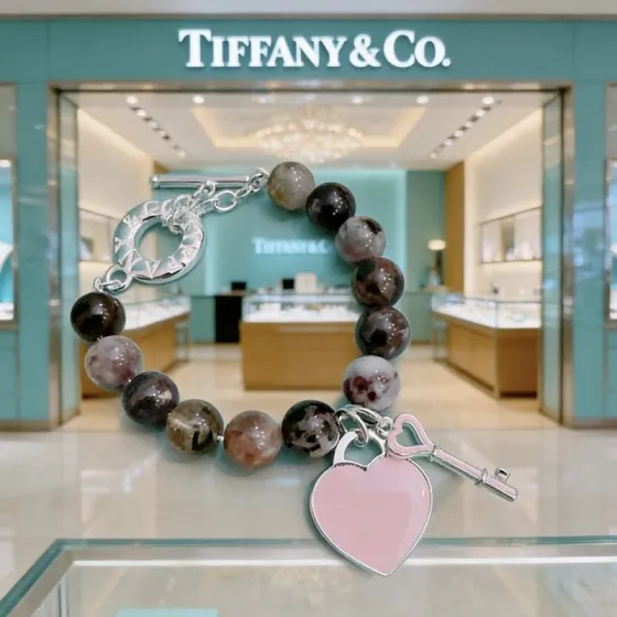 Tiffany Co Return to Tiffany Heart Tag Key Bead Bracelet bracelet Sterling silver multicolor natural stone beads pink enamel 7 inches