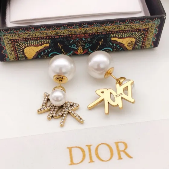 Dior DED0535 Tribales Logo Pearl Earrings earrings Gold-tone metal white resin pearls clear crystal pave One size post length 1cm drop length 2 5cm