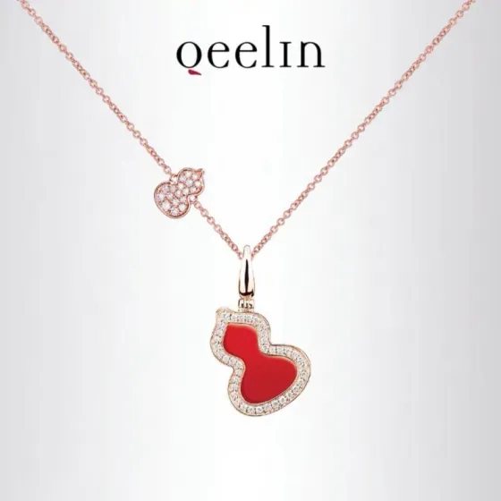Qeelin WULU necklace 18K rose gold 18K yellow gold red carnelian clear diamond 42cm