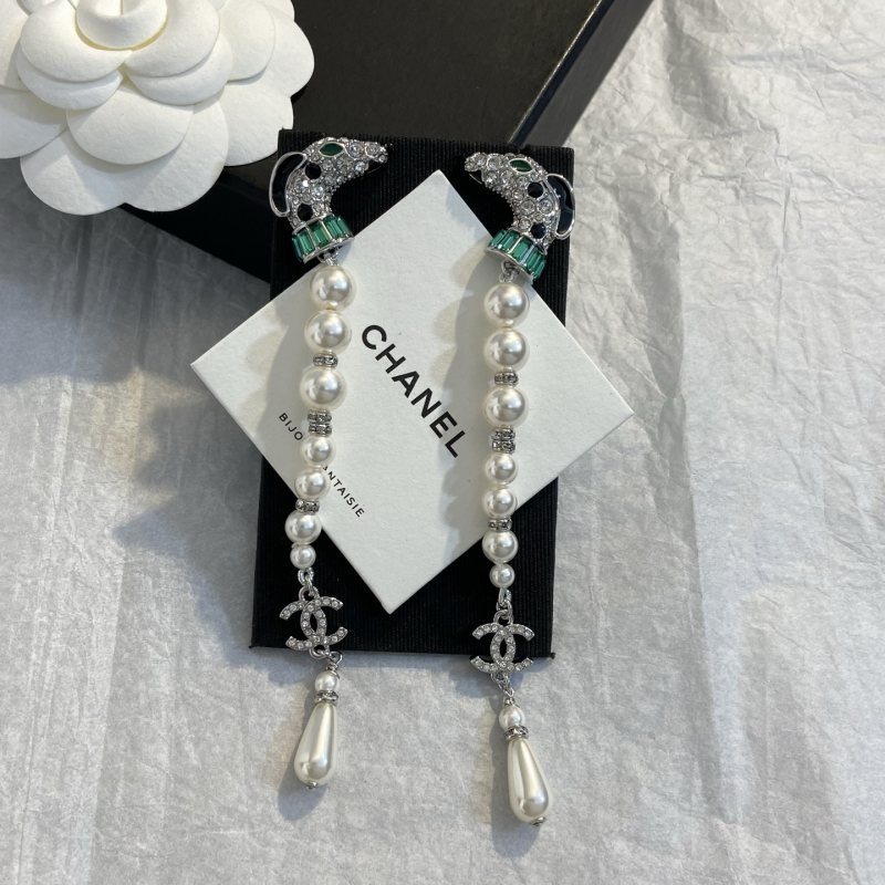 Chanel Dalmatian Long Tassel CC Drop Earrings earrings Silver-tone metal white faux pearls clear crystals green gemstone accents black enamel details Approximately 9cm total drop length