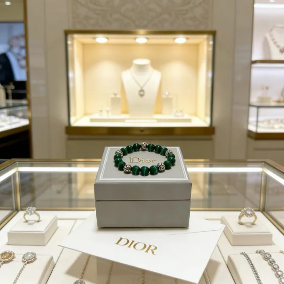 Dior Cannage Beaded Bracelet bracelet Silver-tone metal with deep green malachite beads 18cm